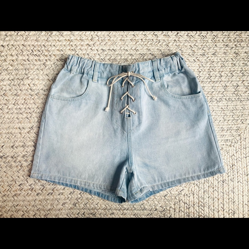 MinkPink Light Wash Mom Tie Up Denim Shorts